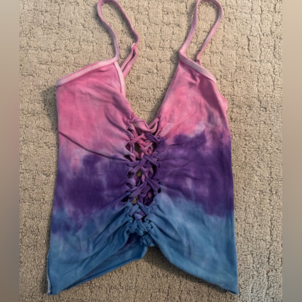 Womens Tie-Dye Lace-Up crop tank in Blue, Purple & Pink. Looks like this!